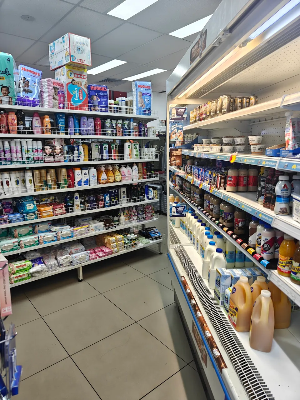 Inside Airport Supermarket — dairy, toiletries, and household products